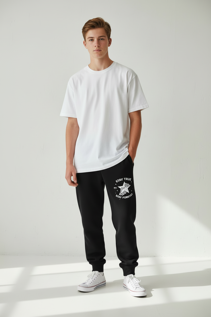 Teenage boy in black Everthreads sweatpants with white logo